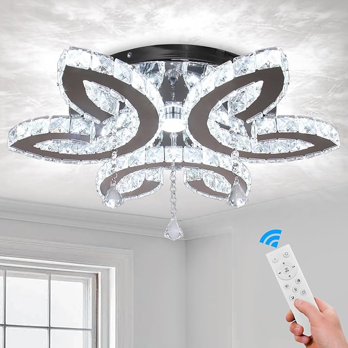 FRIXCHUR 20.4" Crystal Chandeliers Modern Flower Crystal Ceiling Light LED Flush Mount Chandelier Light Fixture for Bedroom Living Dining Room (Dimmable)