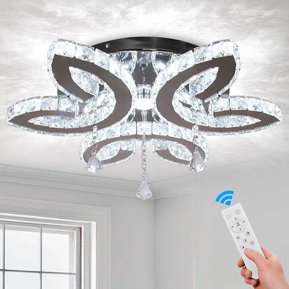 FRIXCHUR 20.4" Crystal Chandeliers Modern Flower Crystal Ceiling Light LED Flush Mount Chandelier Light Fixture for Bedroom Living Dining Room (Dimmable)