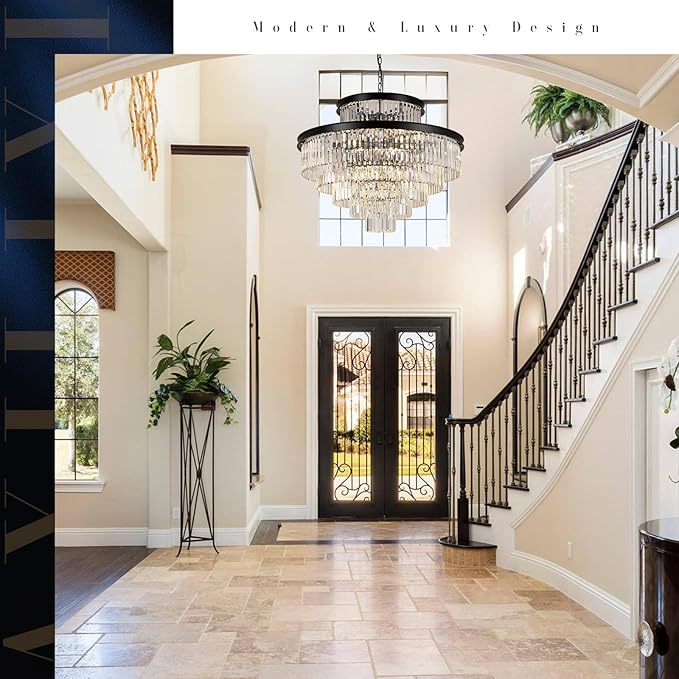 35" Large Black Crystals Chandelier 6-Tier Modern Crystal Chandeliers for High Ceiling Foyer K9 Crystal Chandelier with Adjustable Chain for Staircase Living Room Entryway Kitchen Master Bedroom