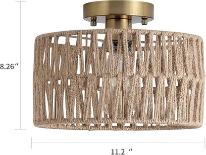 Coastal Antique Gold Woven Flush Mount Light Fixture Rustic Boho Hemp Rope Brass Semi Flush Mount Ceiling Light for Hallway Bedroom Farmhouse Kitchen Entryway Hall