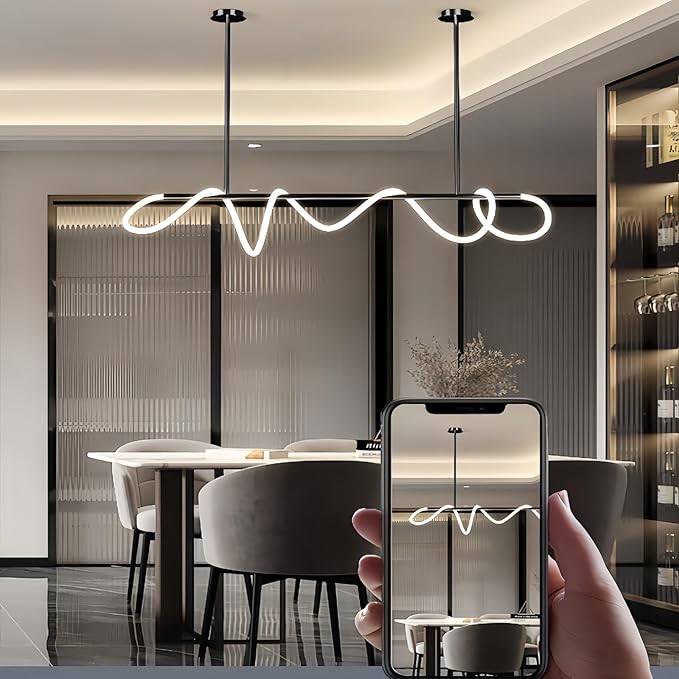 SMG Modern LED Linear Pendant Light for Dining Room, Dimmable Black Kitchen Chandelier, 59" Linear DIY Chandelier with Remote Control Stepless Dimming, Restaurant Office Long Hose Lamp