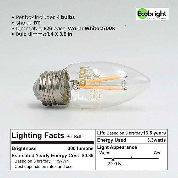 EcoBright Dimmable LED Candelabra Light Bulbs B11 Chandelier Bulbs 40W Equivalent E26 Base 2700K Warm White High CRI Flicker Free ETL and FCC Certified Decorative Filament Bulbs 8 Pack