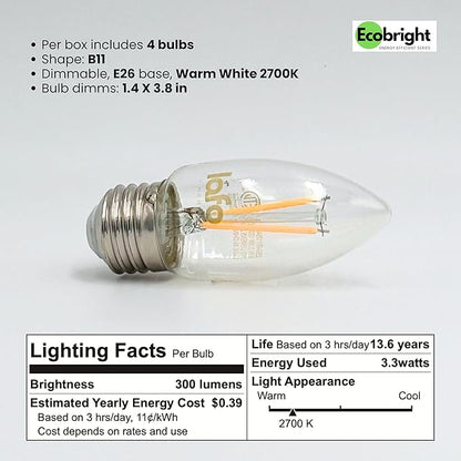 EcoBright Dimmable LED Candelabra Light Bulbs B11 Chandelier Bulbs 40W Equivalent E26 Base 2700K Warm White High CRI Flicker Free ETL and FCC Certified Decorative Filament Bulbs 8 Pack