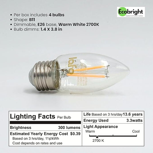 EcoBright Dimmable LED Candelabra Light Bulbs B11 Chandelier Bulbs 40W Equivalent E26 Base 2700K Warm White High CRI Flicker Free ETL and FCC Certified Decorative Filament Bulbs 8 Pack