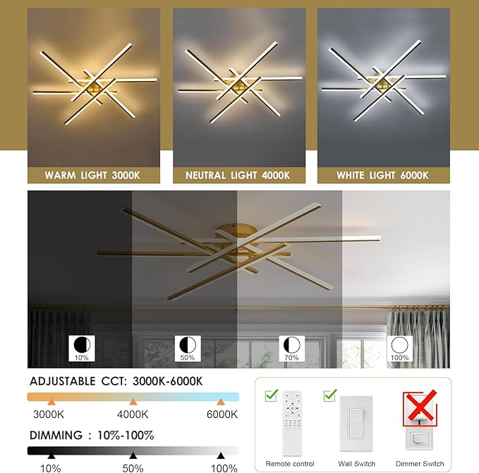 Gold Semi-Flush Mount Ceiling Light Modern 6-Lights LED Chandelier 44'' Remote Control Ceiling Lighting Fixtures for Living Room Bedroom Kitchen Foyer