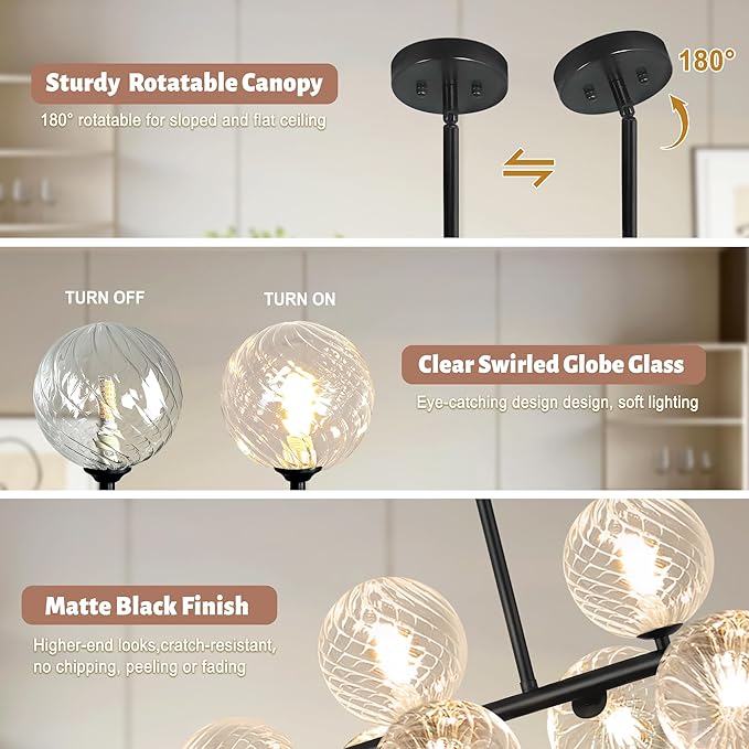 Linear Chandeliers for Dining Room, 8-Light Clear Swirled Glass Globe 37" Mid Century Modern Sputnik Chandeliers Bubble Chandelier Black Dining Room Chandelier Pendant Lights Kitchen Island