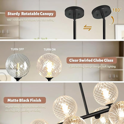 Linear Chandeliers for Dining Room, 8-Light Clear Swirled Glass Globe 37" Mid Century Modern Sputnik Chandeliers Bubble Chandelier Black Dining Room Chandelier Pendant Lights Kitchen Island