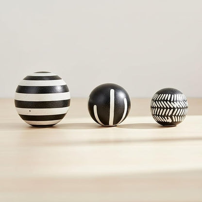 Patterned Ceramic Orbs for Home Decor Styling - Geometric Sculpture for Bathroom, Office, and Living Room Centerpiece - Ornaments Accent for Coffee Table Display - Set of 3, 6", 5", 4", Black & White