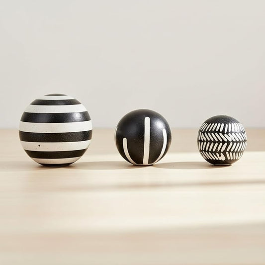 Patterned Ceramic Orbs for Home Decor Styling - Geometric Sculpture for Bathroom, Office, and Living Room Centerpiece - Ornaments Accent for Coffee Table Display - Set of 3, 6", 5", 4", Black & White
