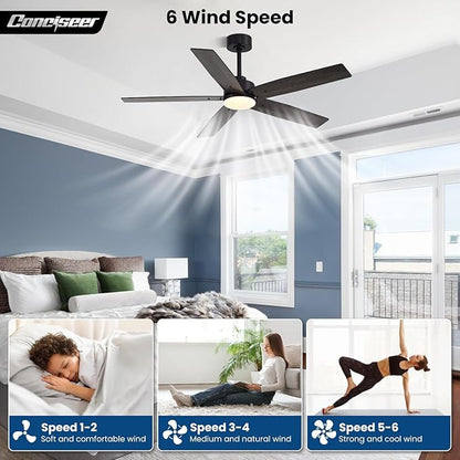 Modern 52 Inch Ceiling Fans with Lights and Remote for Bedroom Living Room Kitchen Home Office Indoor/Outdoor, 18W 3CCT Dual Color 5 Blades 6 Speed Reversible Quiet DC Motor, Black/Wood Grain