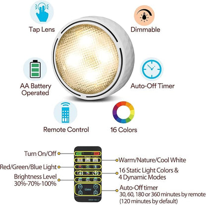 Onumii LED Puck Lights Battery Operated LED Under Cabinet Lighting Wireless Stick on Tap Lights with Remote Controll Color Changing Timer Function for Cabinets, Shelves, Closets - 6Pack White