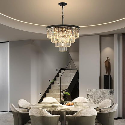 Crystal Chandeliers for Dining Room Lights Fixture Over Table, 15 Lights Black Modern Chandeliers for Living Room, 4-Tier Round Crystal Lighting Fixtures for Bedroom Entryway Kitchen Island D24 Inch