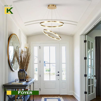 Benkut 2-Rings Modern LED Chandelier Gold for Dining Room, Circular Flush Mount Ceiling Chandelier Light Dimmable Pendant Light with Remote Control for Living Room Entrance Foyer, 3000K-6500K