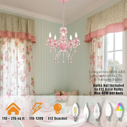 Small Pink Chandelier for Girls Room 5 Light Pink Acrylic Crystal Chandeliers Small Kids Chandelier for Bedroom