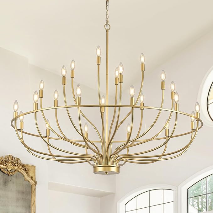 24 Light Gold Chandelier 51'' Large Candle Chandeliers for High Ceiling Foyer Brushed Brass Gold Chandelier Light Fixture for Large Living Room Dining Room Stairs Entry Restaurant Hotel