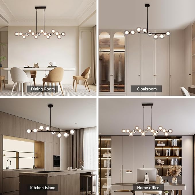 Black Sputnik Chandelier, 8 Lights Modern Bubble Chandelier with Double Glass Lampshade, Mid Century Globe Pendant Lights for Dining Room Kitchen Island - Black
