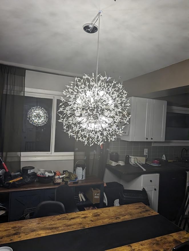 Modern Dandelion Firework Chandelier, Chrome Dining Room Chandelier, Crystal Hanging Pendant Lighting Fixture for Living Room, Bathroom, Bedroom, Restaurant, 16-Light