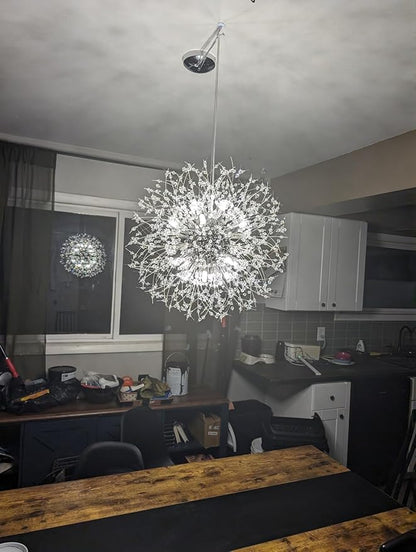 Modern Dandelion Firework Chandelier, Chrome Dining Room Chandelier, Crystal Hanging Pendant Lighting Fixture for Living Room, Bathroom, Bedroom, Restaurant, 16-Light