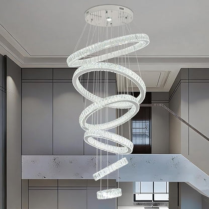 Finktonglan 6-Ring Crystal LED Chandelier, Cool White 6000K Modern Pendant Light, Adjustable Height up to 118", K9 Stainless Rings (Ø7.9–27.6"), Non-Dimmable for Foyer Stair Living Room