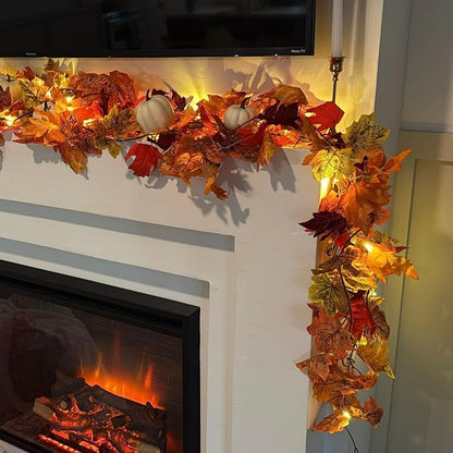 CQURE 6 Pack Fall Leaf Garland with Lights,Fall Decor Halloween Lights Artificial Maple Leaves Autumn Garland Hanging Vines Thanksgiving Decor for Home Christmas Autumn