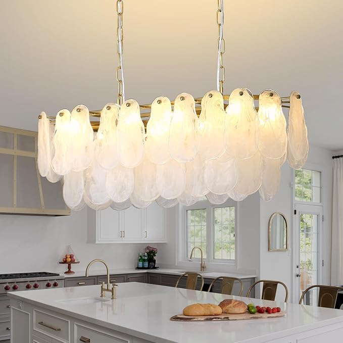 KELUOLY Modern Glass Chandelier 8-Light Rectangle Gold Brass Chandelier Luxury Oval 2-Tiers Crystal Cloud Glass Pendant Ceiling Light for Dining Room Living Room Kitchen Island L31.5'' (E12)