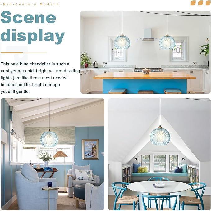 Blue Glass Plug in Pendant Light for Bathroom, Ceiling Light with 14.76ft Long Cord, Kitchen Corded Light Fixture, 8.7" Ribbed Globe, Living Room Corner Hanging Lamp that Plug into Wall Outlet