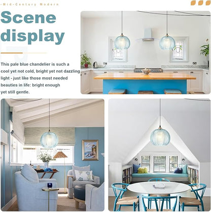 Blue Glass Plug in Pendant Light for Bathroom, Ceiling Light with 14.76ft Long Cord, Kitchen Corded Light Fixture, 8.7" Ribbed Globe, Living Room Corner Hanging Lamp that Plug into Wall Outlet