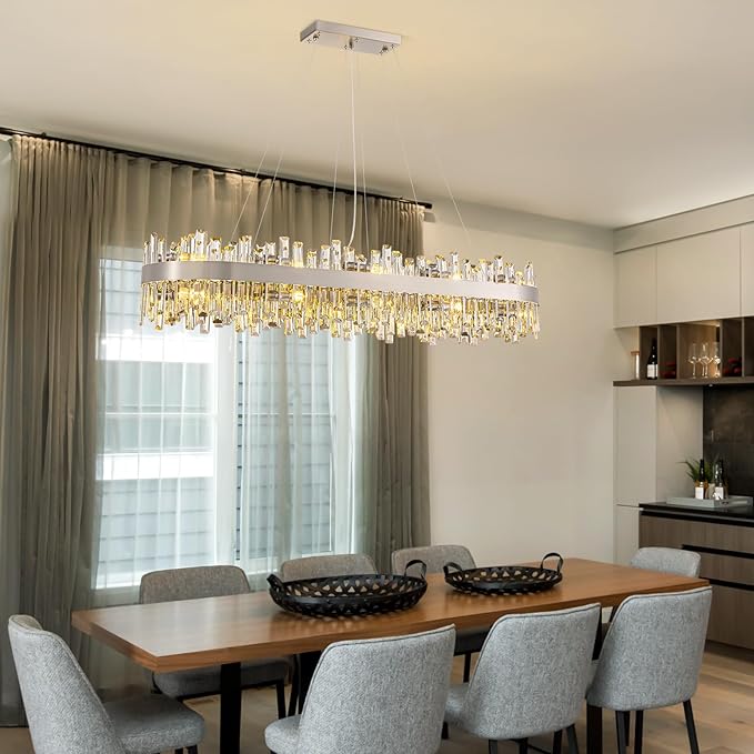 Siljoy L52'' Large Rectangular Crystal Chandelier for Dining Room, 20-Light Modern 2-Tiers K9 Crystal Raindrop Chandelier, Adjustable Height Crystal Ceiling Light for Living Room Kitchen Island