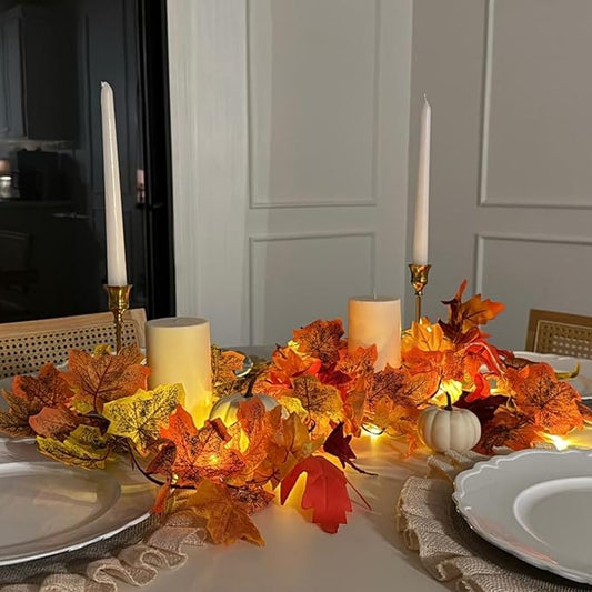 CQURE 6 Pack Fall Leaf Garland with Lights,Fall Decor Halloween Lights Artificial Maple Leaves Autumn Garland Hanging Vines Thanksgiving Decor for Home Christmas Autumn