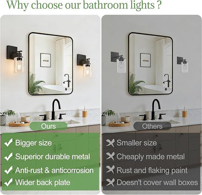 Indoi Set of 2 Wall Sconces for Bathroom, Matte Black Modern Vanity Lights with Clear Glass Shade, Bathroom Wall Lamp for Mirror Kitchen Living Room Hallway Cabinet Porch