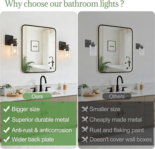Indoi Set of 2 Wall Sconces for Bathroom, Matte Black Modern Vanity Lights with Clear Glass Shade, Bathroom Wall Lamp for Mirror Kitchen Living Room Hallway Cabinet Porch