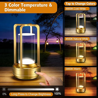 Rechargeable Table Lamp for Outdoor Indoor: Cordless Portable Table Lamps with 3 Color Stepless Dimmable - LED Metal Battery Operated Lantern - Small Table Lamp for Bedroom/Bar/Coffee Shop/Camping