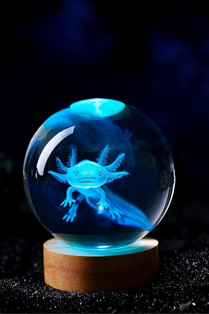 3.15 inch Axolotl Crystal Ball Lamp,3D K9 Crystal Ball Night Light with Wooden Base,16 Colors Change with Remote Control,Clear Glass Light,Birthday Gift for Friends (Axolotl)