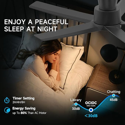 ocioc 44 inch Ceiling Fans with Lights and Remote, Dimmable Ceiling Fans with Reversible Quiet DC Motor, Flush Mount, 3CCT, Black Ceiling Fan for Bedroom Living room Indoor/Outdoor