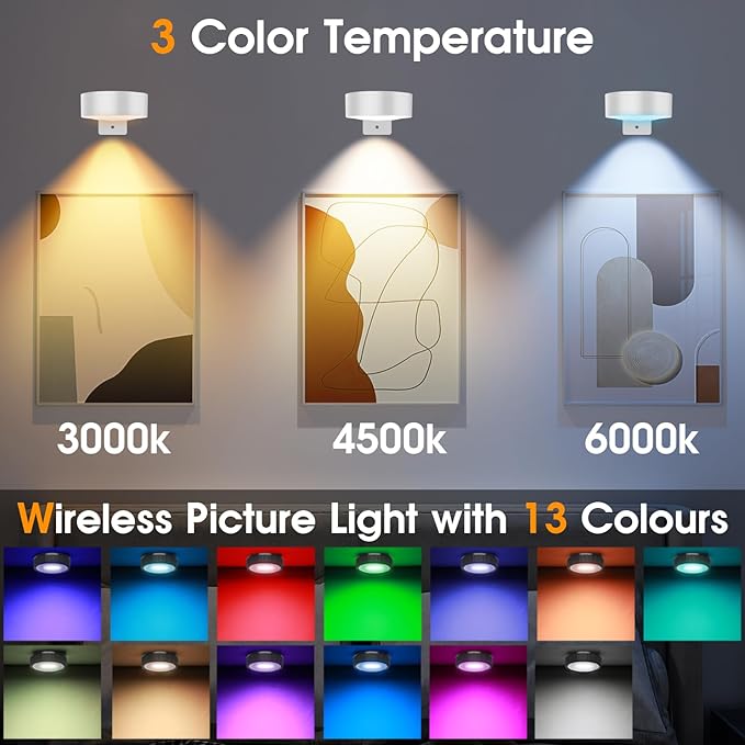 RGB Picture Light Battery Operated Painting Lights for Wall Wireless Magnetic Display Art Light with Remote Controls,Dimmable&Timer for Art Frame Artworking,3Pack White
