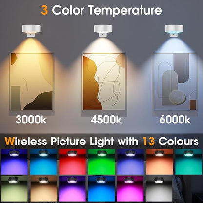 RGB Picture Light Battery Operated Painting Lights for Wall Wireless Magnetic Display Art Light with Remote Controls,Dimmable&Timer for Art Frame Artworking,3Pack White