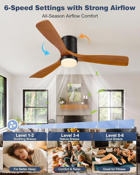 60 Inch Ceiling Fans with Lights Remote, 60" Flush Mount Outdoor Ceiling Fan Exterior, 3 Wood Blades, 6 Speeds, Timer, Quiet DC Motor Modern Low Profile Fan for Patio, 60in,Brown and Black