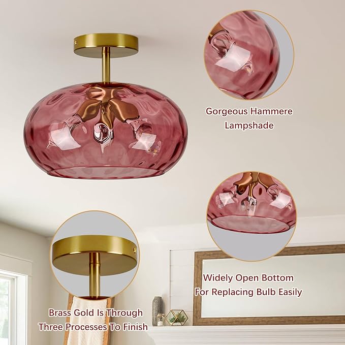 Luafac Red Glass Semi Flush Mount Ceiling Light - 12 Inch Hammered Glass Hallway Light fixtures, Vintage Gold Flush Mount Ceiling Light,Mid Century Light Fixture for Entryway Laundry Room Foyer Porch