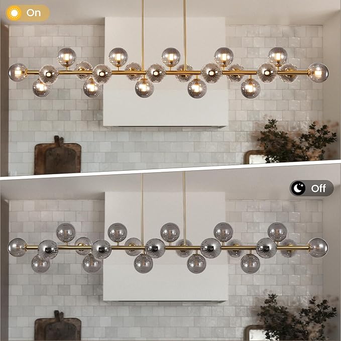 Brass Gold Rectangle Chandelier Modern Chandelier Smoke Grey Globe Glass Pendant Light Fixture Adjustable for Dining Living Room Kitchen Island Over Table 22-Light 70''
