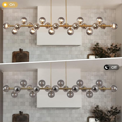 Brass Gold Rectangle Chandelier Modern Chandelier Smoke Grey Globe Glass Pendant Light Fixture Adjustable for Dining Living Room Kitchen Island Over Table 22-Light 70''