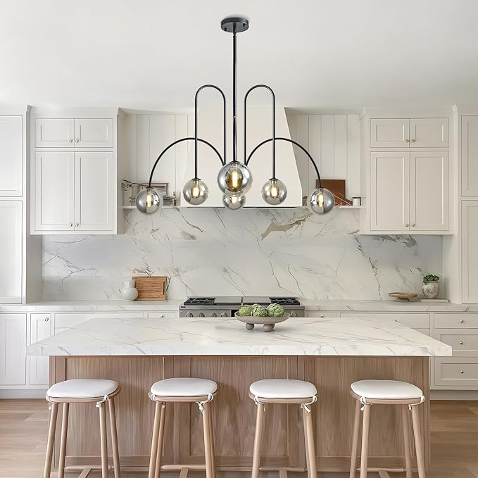 Modern Black Sputnik Chandelier 6-Light Mid Century Chandelier for Dining Room with Smoke Gray Glass Globe Ceiling Pendent Light Fixture for Living Room Kitchen Island Foyer Bedroom