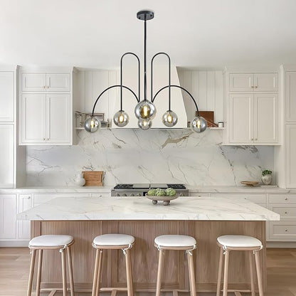 Modern Black Sputnik Chandelier 6-Light Mid Century Chandelier for Dining Room with Smoke Gray Glass Globe Ceiling Pendent Light Fixture for Living Room Kitchen Island Foyer Bedroom