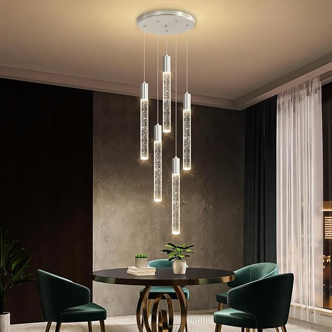 HAIXIANG 5-Lights Chandelier Modern Crystal Glam Light Remote Dimmable Pendant Lighting for Kitchen Island Dining Room Shiny Silver Light