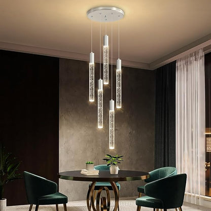 HAIXIANG 5-Lights Chandelier Modern Crystal Glam Light Remote Dimmable Pendant Lighting for Kitchen Island Dining Room Shiny Silver Light