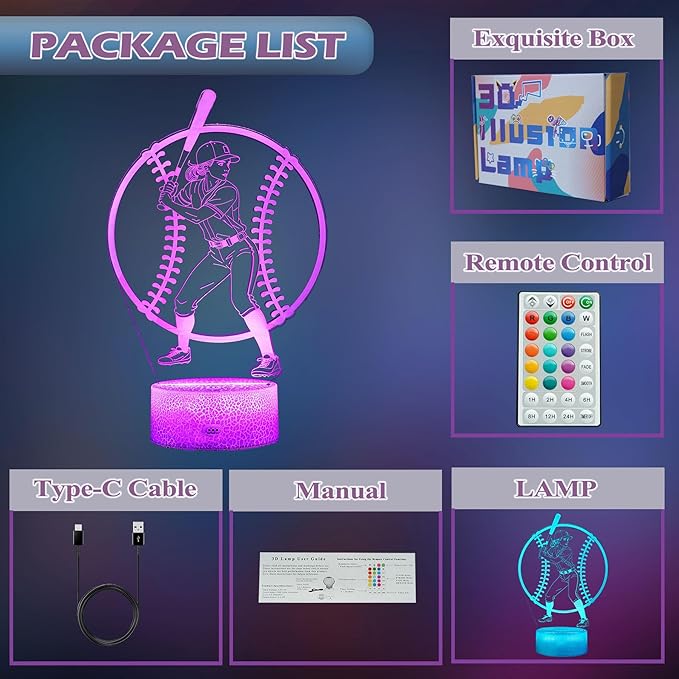 Baseball Gifts for Girls, Baseball Night Light, 3D Illusion Lamp with 16 Colors Changing, Timer, 4 Flash Modes and Dimmable, Accessories Stuff for Room Decoration, Kids Girls Holiday Xmas Gifts