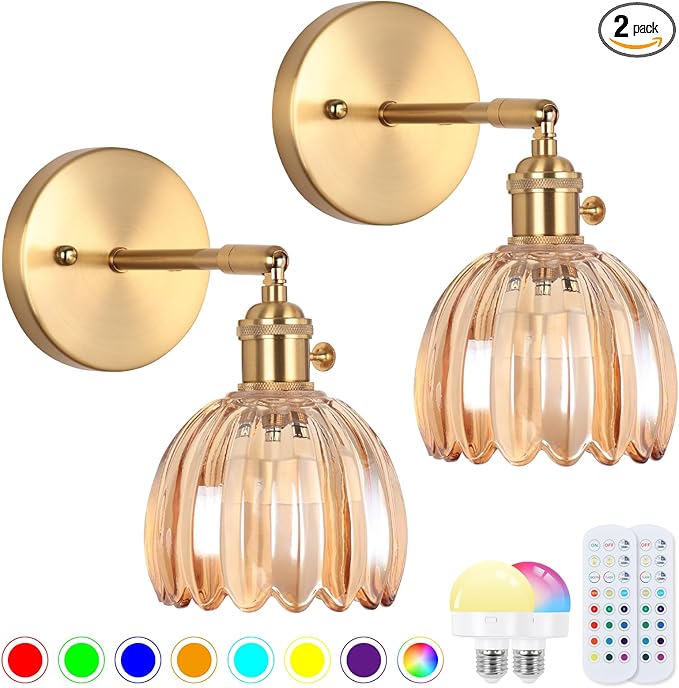 Vintage Wall Sconce Set of Two, Battery Operated Wall Sconce with Amber Tulip Glass Lampshade Rechargeable Wall Light with Remote Control for Bedroom,Living Room, Hallway, Aisle