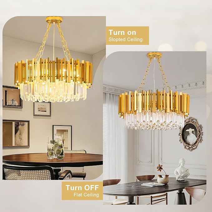 Modern Gold Crystal Chandelier 21.66" 8-Light 5-Tiers K9 Crystal Pendant Ceiling Light Fixture Luxury Round Raindrop Chandeliers for Dining Room Living Room Kitchen Island
