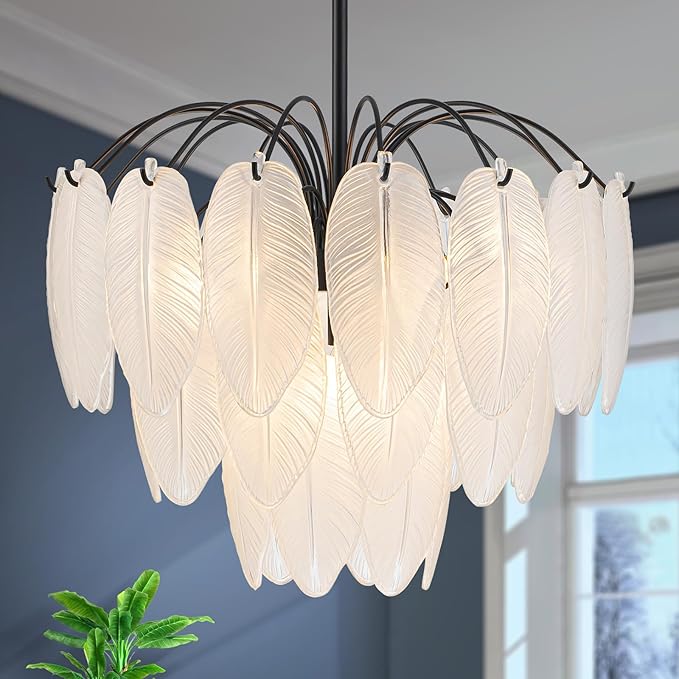 LumFurn 6-Light Glass Chandeliers, Modern 3-Tier Pendant Light Fixture for Dining Room, Living Room, D17.7 x H19~51 Inch Adjustable Height, Frosted Feather-Shaped Glass Shade & Black Finish Frame