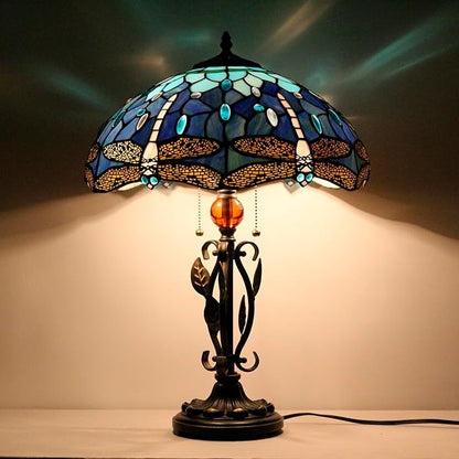 Tiffany Table Lamp Blue Dragonfly Stained Glass Desk Reading Light 16X16X24 Inch Metal Leaf Base for Bedroom Living Room Home Office