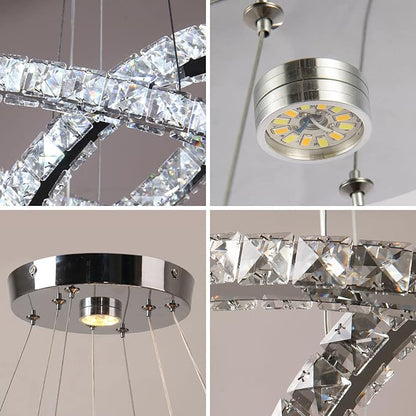 CLAIRDAI Modern Crystal Chandelier LED Chandeliers 3 Ring Pendant Light Adjustable Stainless Steel Ceiling Light Fixture for Dining Room Bedroom Living Room Hallway (6500K Cool White)